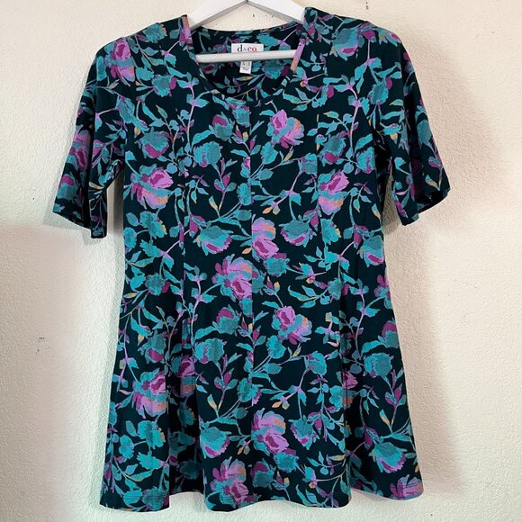 D&Co Denim Womens Floral Short Sleeve A-Line Tunic Top XS Teal Purple Stretchy - Picture 1 of 9